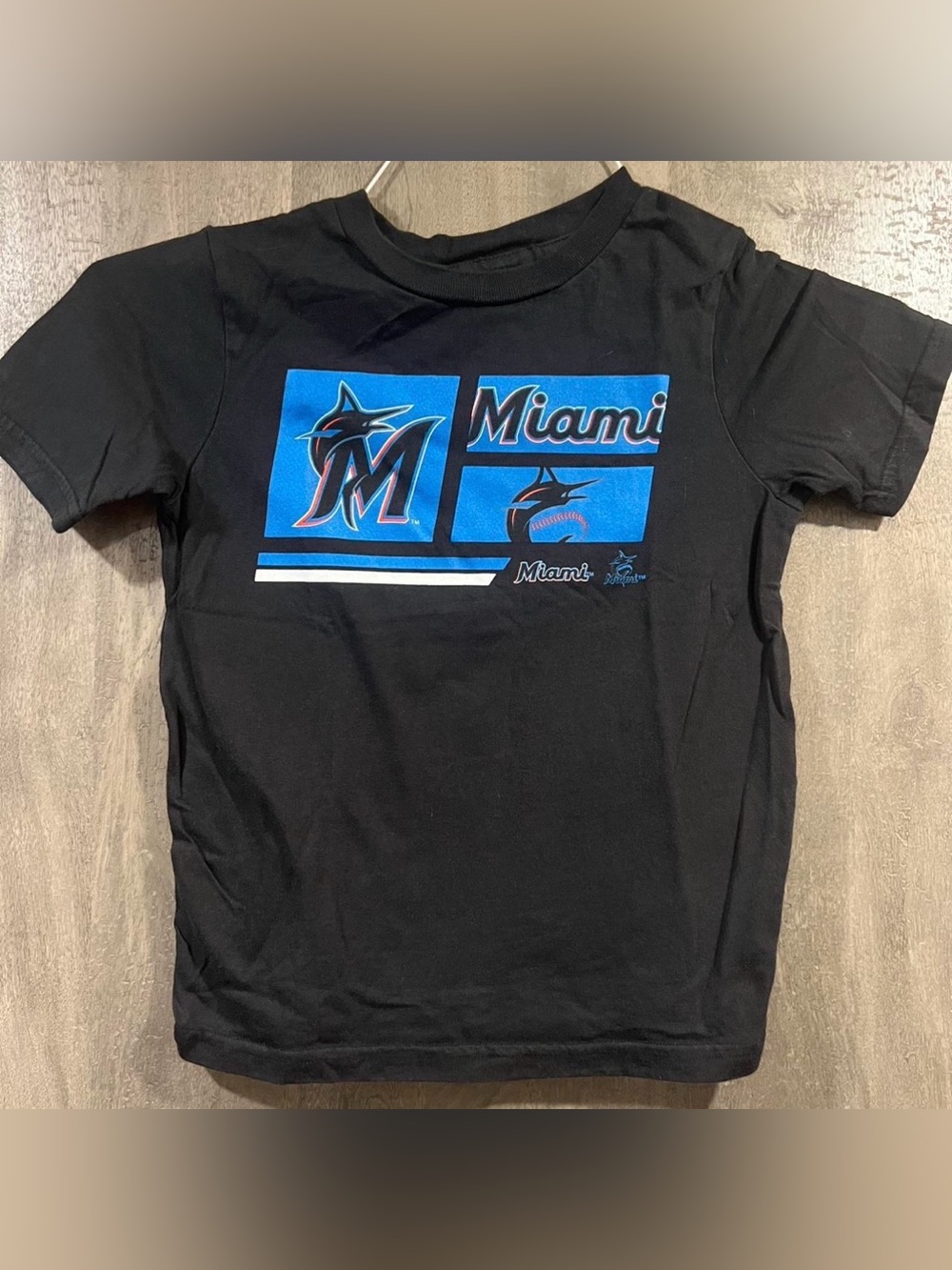 Kids Black Miami Marlins Graphic Tee with Blue Accents size Medium